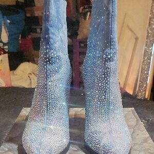 Blue Rhinestone Embellished Women's Boots
